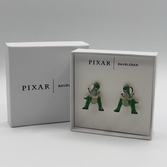Disney Pixar BaubleBar Toy Story Rex Dinosaur Earrings Green Crystal Drop - Picture 2 of 5